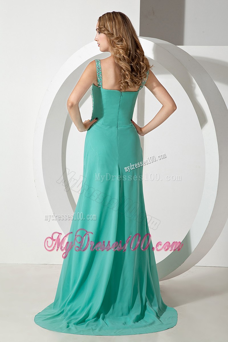 Turquoise Column Straps Beading Prom Dress with Brush Train