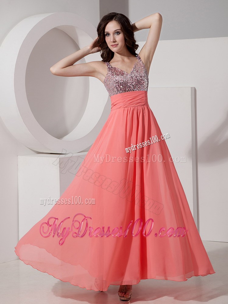 Watermelon Empire Straps Ankle-length Prom Dress with Beading