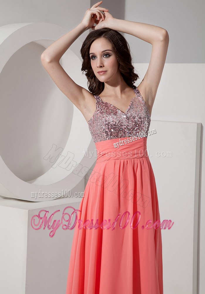 Watermelon Empire Straps Ankle-length Prom Dress with Beading
