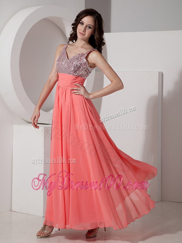 Watermelon Empire Straps Ankle-length Prom Dress with Beading