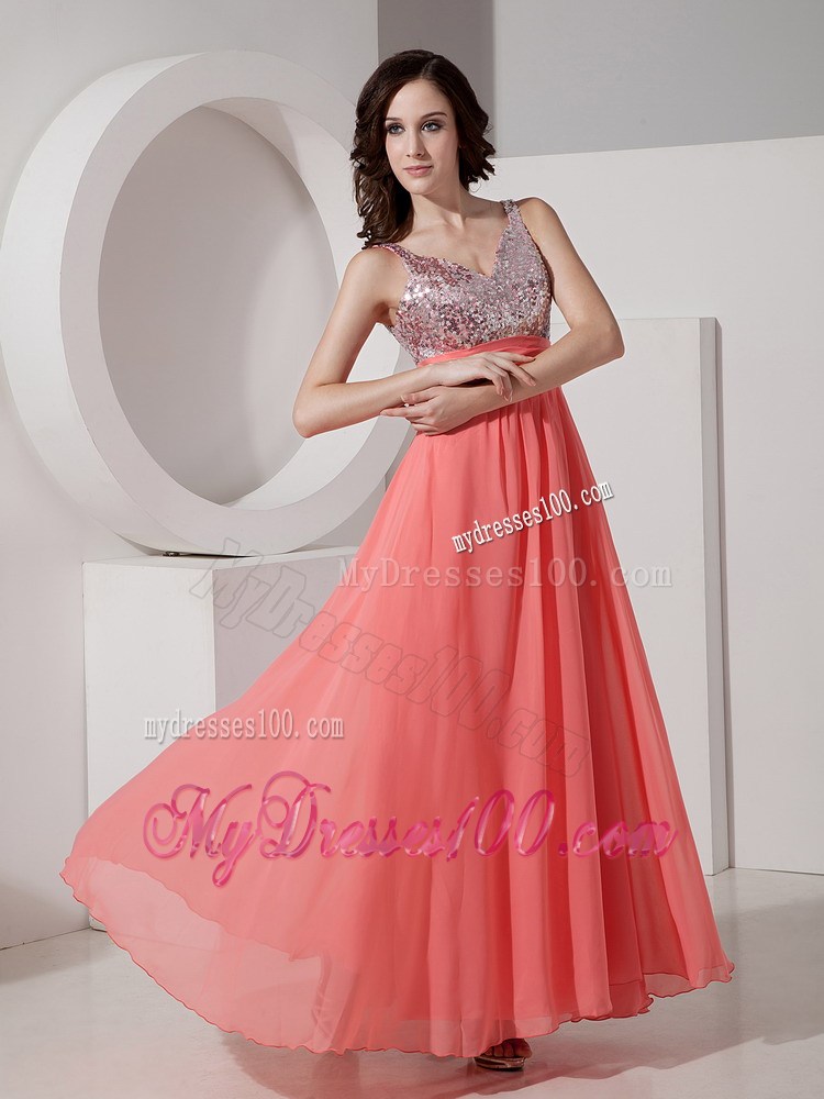 Watermelon Empire Straps Ankle-length Prom Dress with Beading