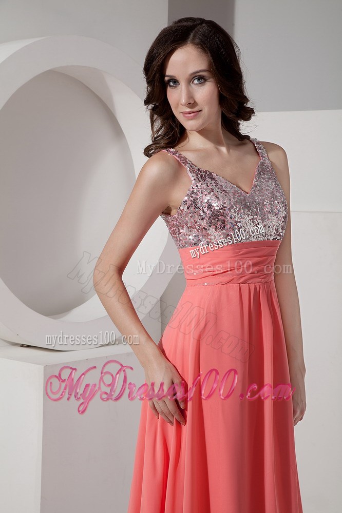 Watermelon Empire Straps Ankle-length Prom Dress with Beading