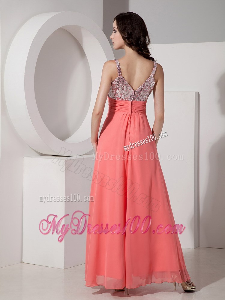 Watermelon Empire Straps Ankle-length Prom Dress with Beading
