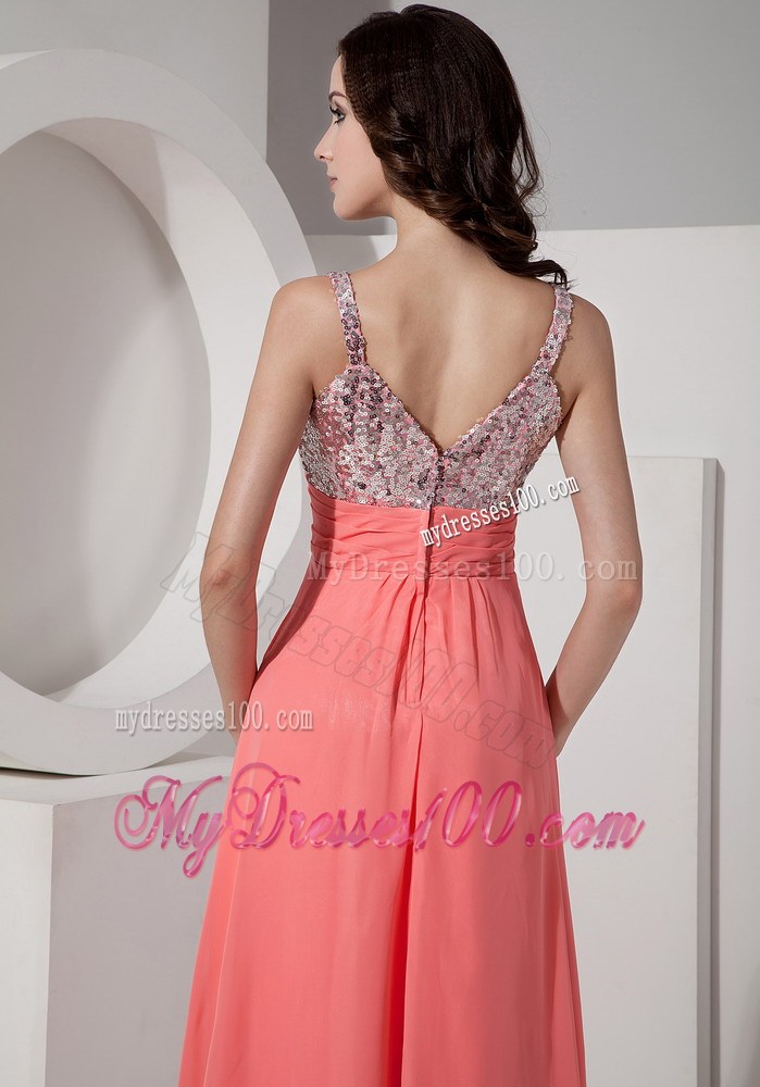 Watermelon Empire Straps Ankle-length Prom Dress with Beading