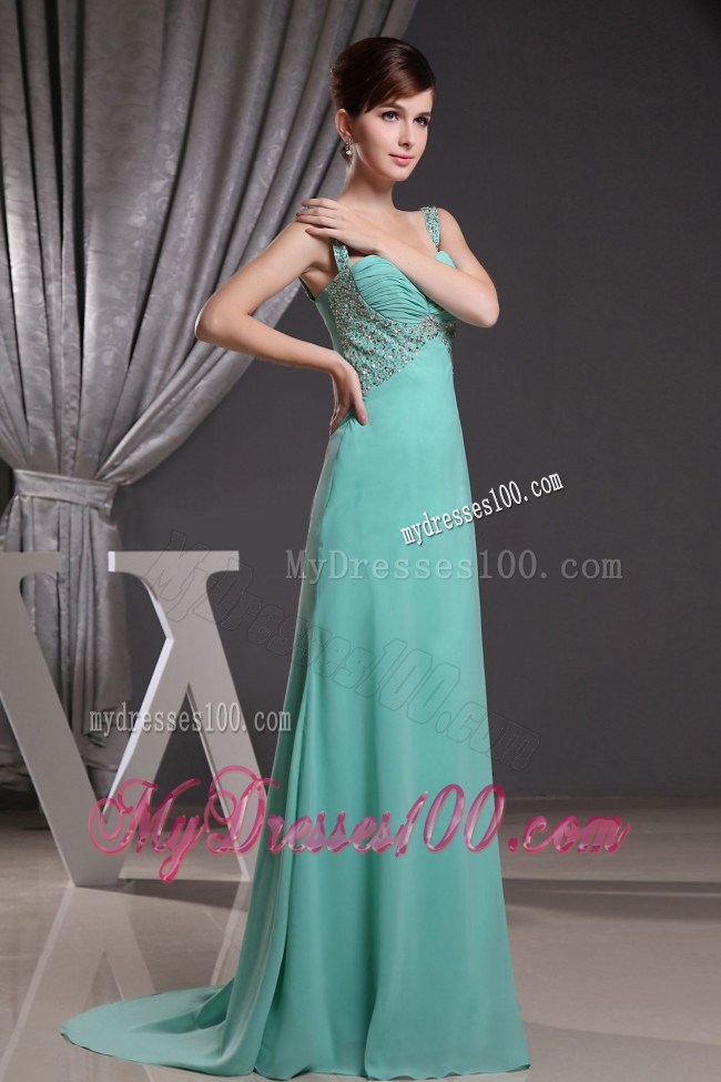 Straps Brush Train Turquoise Prom Dress With Beading and Ruche