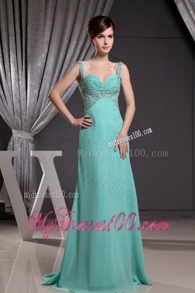 Straps Brush Train Turquoise Prom Dress With Beading and Ruche