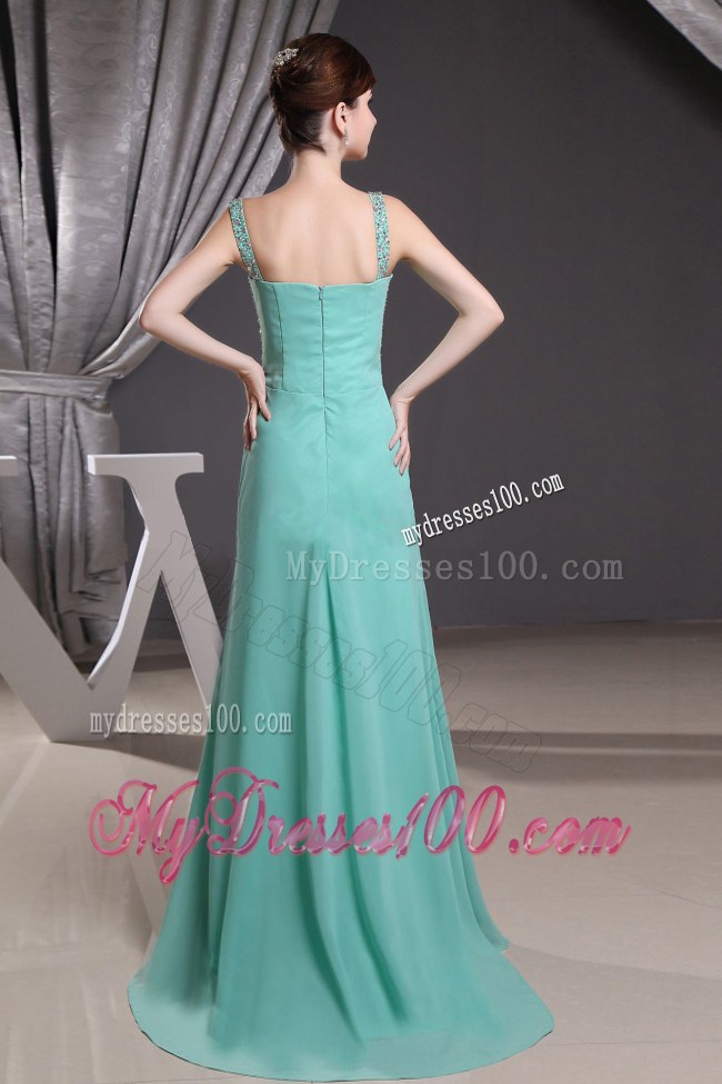 Straps Brush Train Turquoise Prom Dress With Beading and Ruche