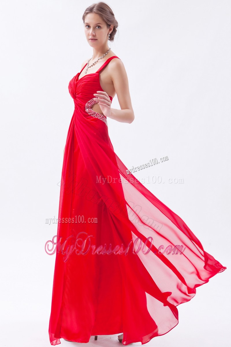 Red Empire Straps Sequins Ankle-length Criss Cross Prom Dress