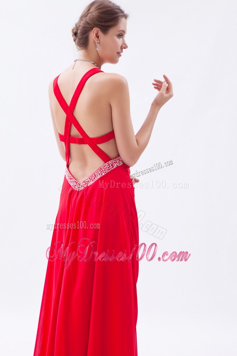 Red Empire Straps Sequins Ankle-length Criss Cross Prom Dress