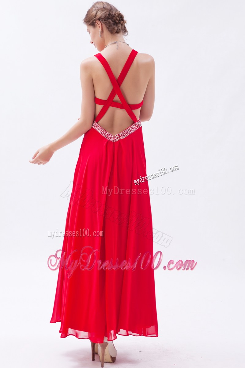 Red Empire Straps Sequins Ankle-length Criss Cross Prom Dress