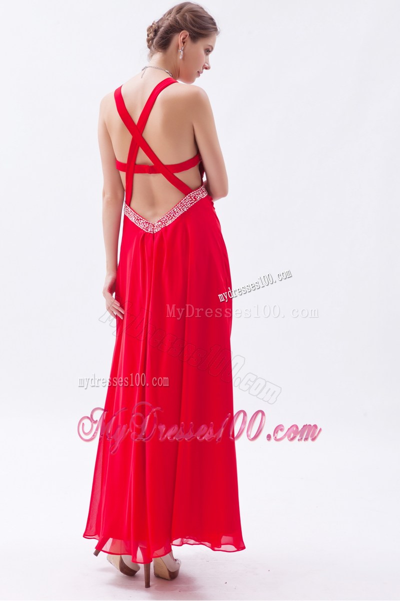 Red Empire Straps Sequins Ankle-length Criss Cross Prom Dress