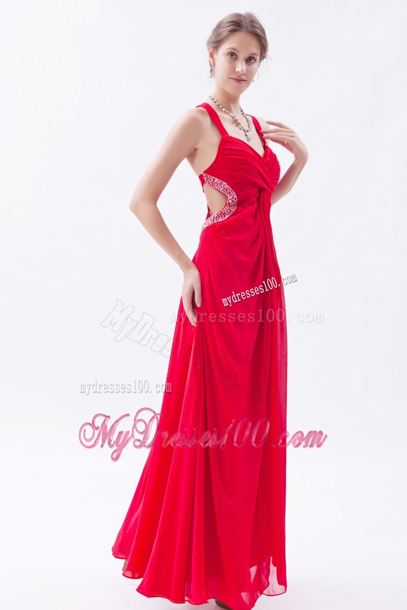Red Empire Straps Sequins Ankle-length Criss Cross Prom Dress