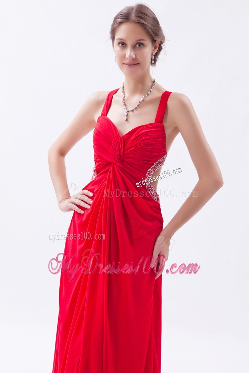 Red Empire Straps Sequins Ankle-length Criss Cross Prom Dress