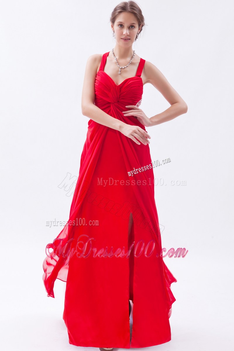Red Empire Straps Sequins Ankle-length Criss Cross Prom Dress
