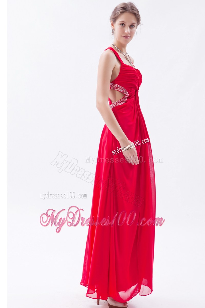 Red Empire Straps Sequins Ankle-length Criss Cross Prom Dress