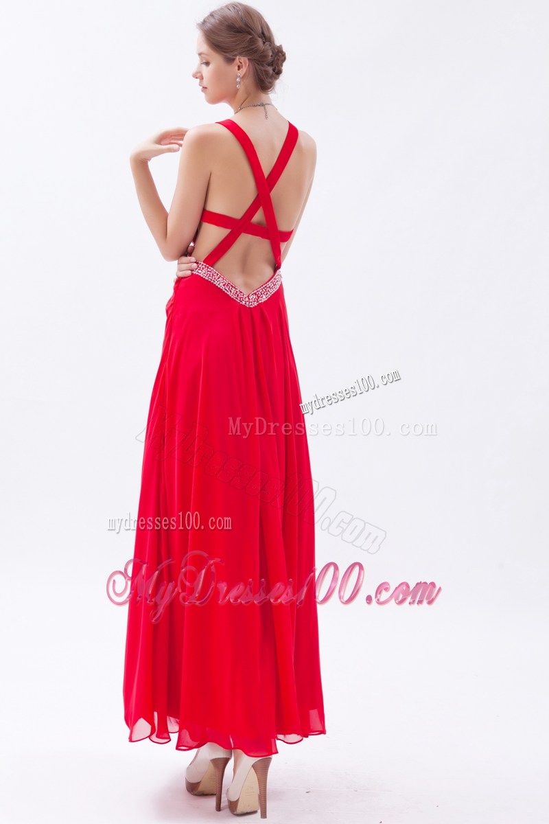 Red Empire Straps Sequins Ankle-length Criss Cross Prom Dress