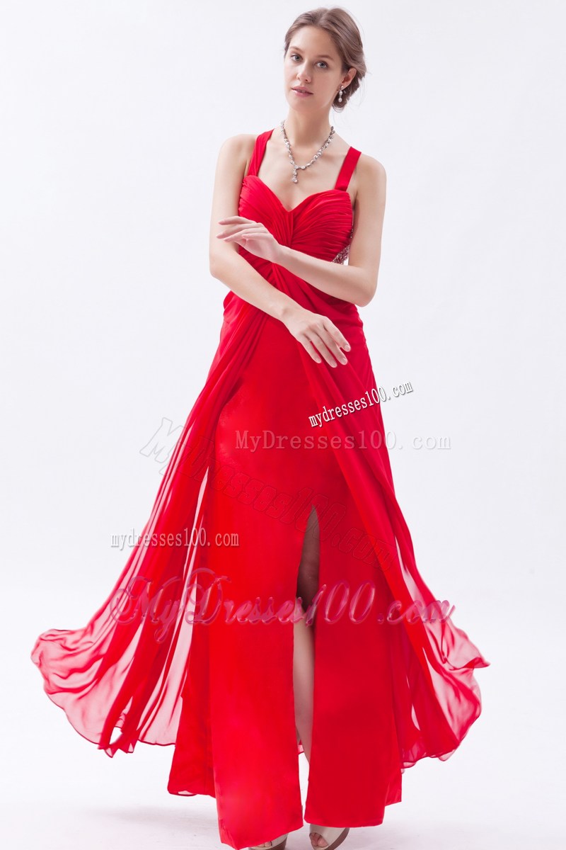 Red Empire Straps Sequins Ankle-length Criss Cross Prom Dress