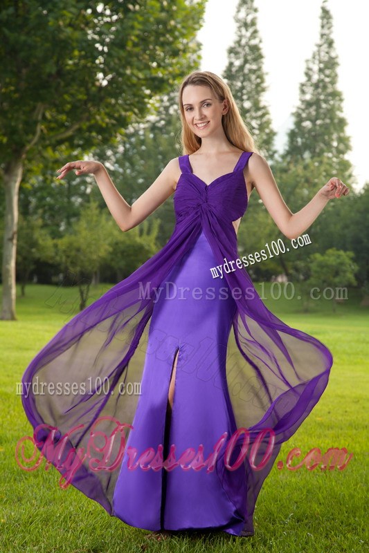 Purple Empire Straps Ruching Prom Dress with Criss Cross