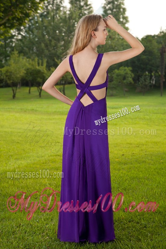 Purple Empire Straps Ruching Prom Dress with Criss Cross