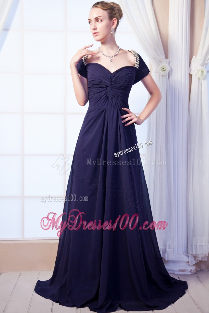 Navy Blue Sweetheart Beading Prom Dress with Short Sleeves