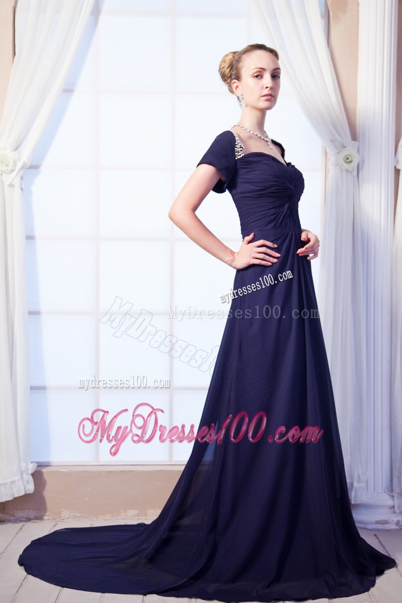 Navy Blue Sweetheart Beading Prom Dress with Short Sleeves