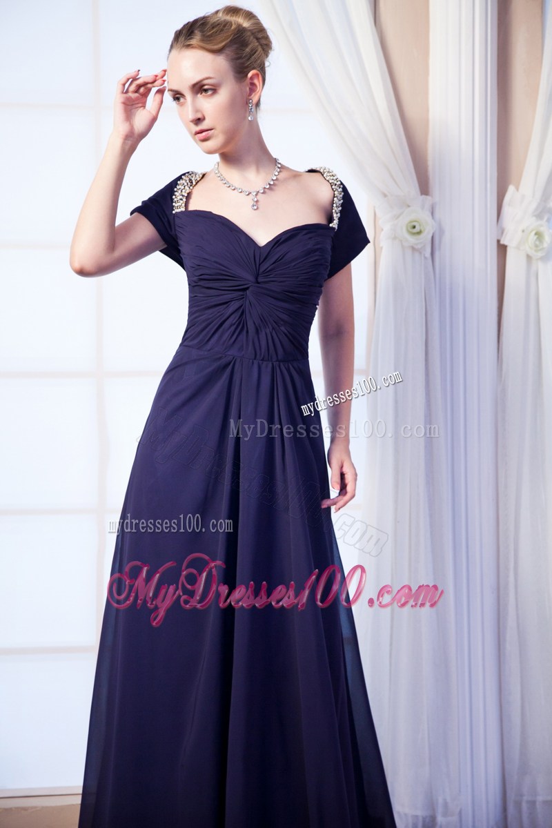 Navy Blue Sweetheart Beading Prom Dress with Short Sleeves