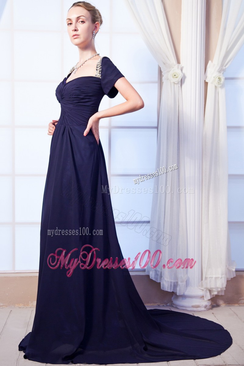 Navy Blue Sweetheart Beading Prom Dress with Short Sleeves