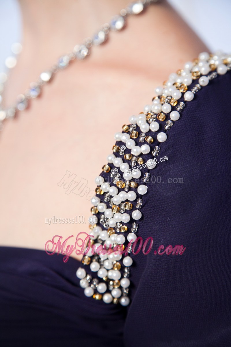Navy Blue Sweetheart Beading Prom Dress with Short Sleeves