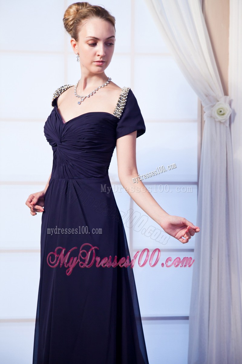 Navy Blue Sweetheart Beading Prom Dress with Short Sleeves