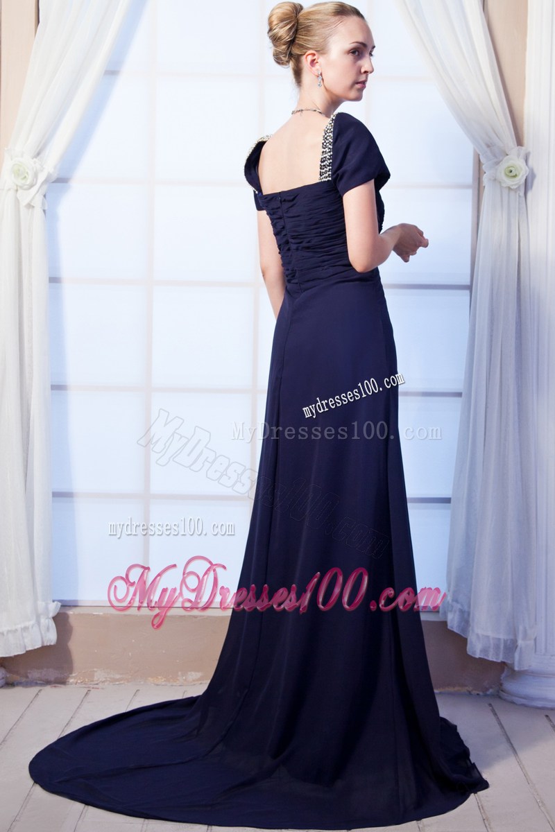 Navy Blue Sweetheart Beading Prom Dress with Short Sleeves
