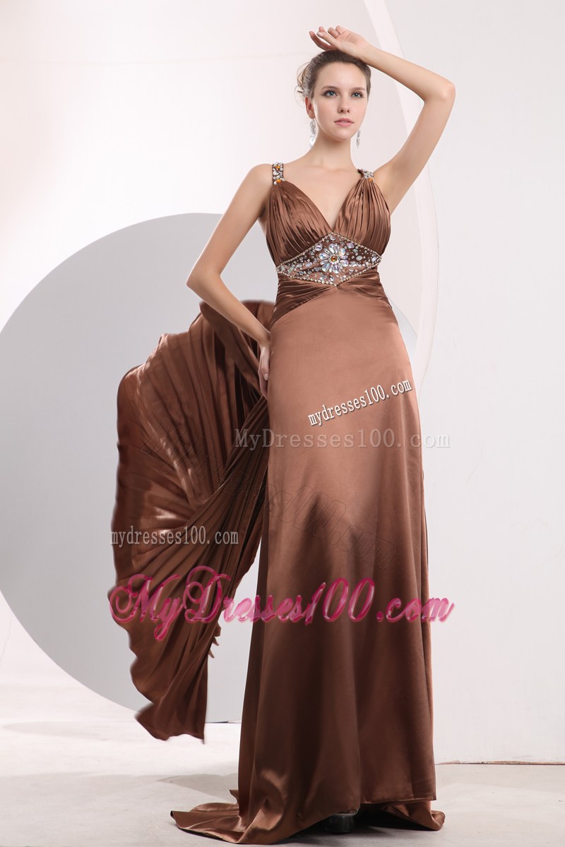 Sexy Brown Empire Straps Prom / Evening Dress Brush Train Elastic Woven Satin Beading