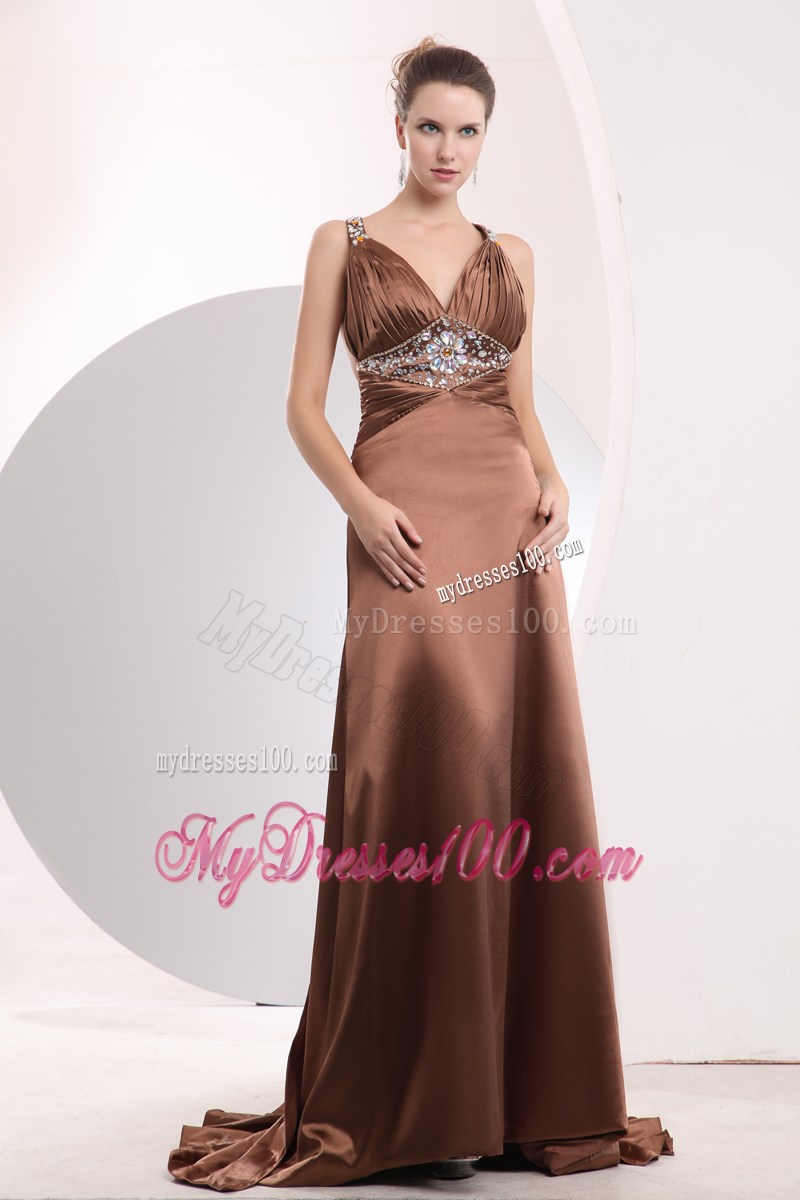 Sexy Brown Empire Straps Prom / Evening Dress Brush Train Elastic Woven Satin Beading