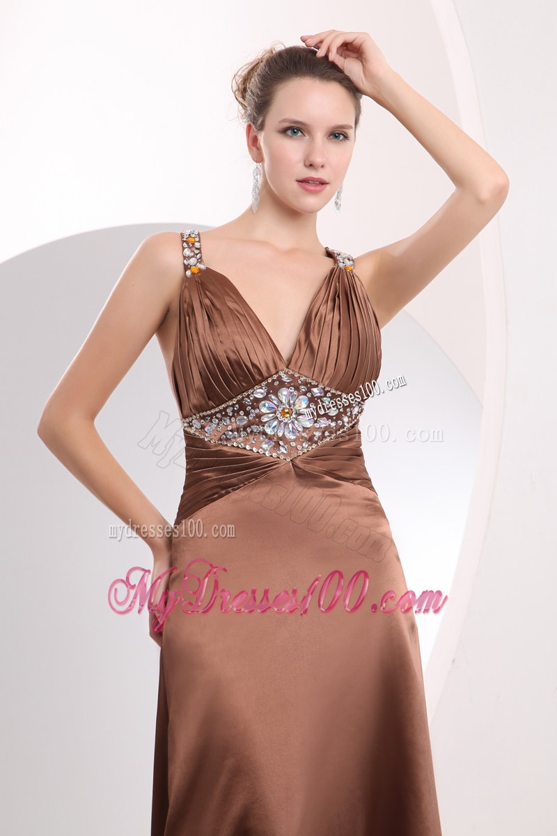 Sexy Brown Empire Straps Prom / Evening Dress Brush Train Elastic Woven Satin Beading