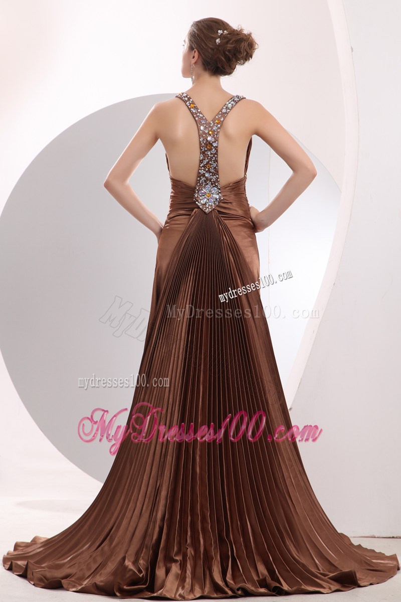 Sexy Brown Empire Straps Prom / Evening Dress Brush Train Elastic Woven Satin Beading