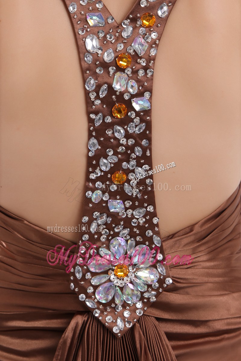 Sexy Brown Empire Straps Prom / Evening Dress Brush Train Elastic Woven Satin Beading