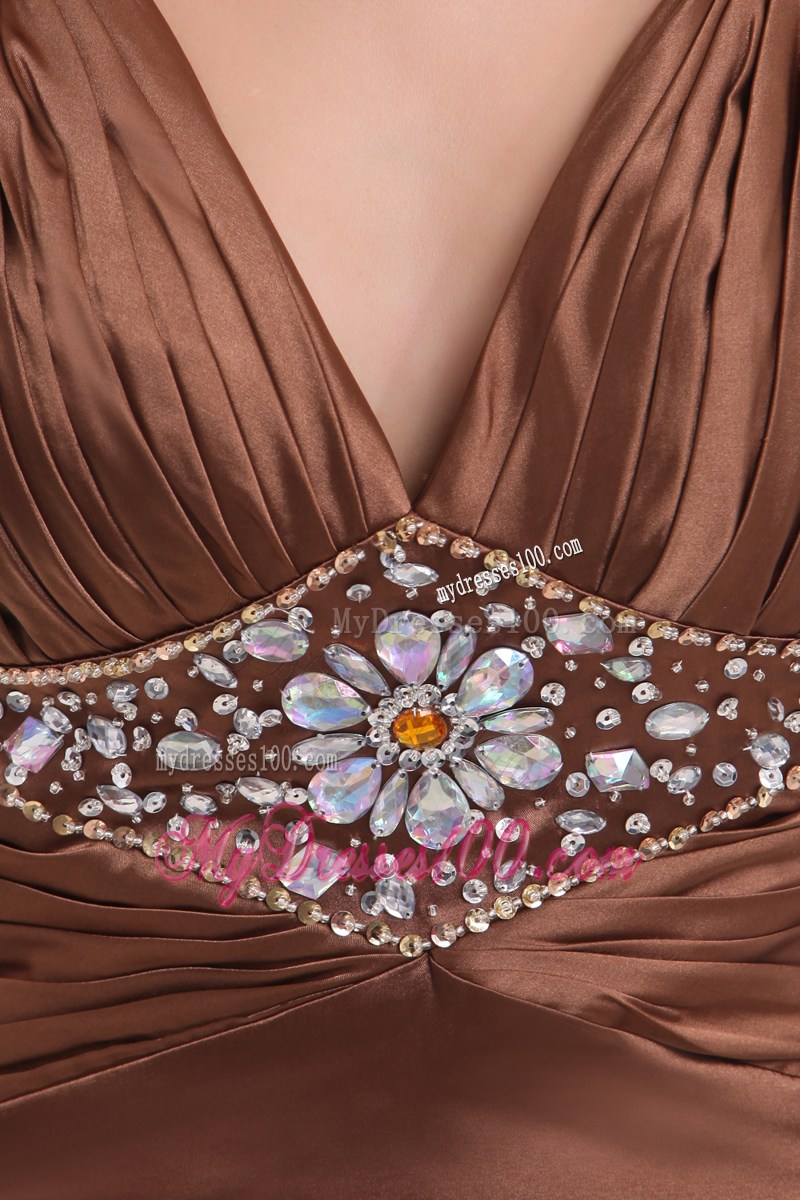 Sexy Brown Empire Straps Prom / Evening Dress Brush Train Elastic Woven Satin Beading