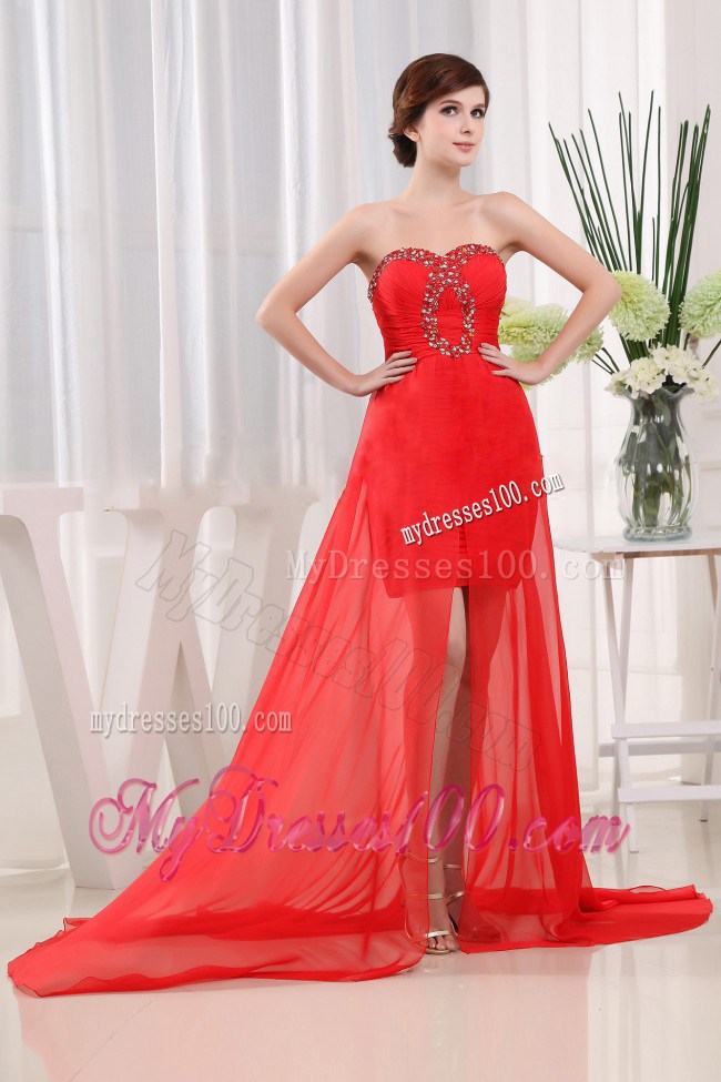 Red High-low Beading and Ruching Prom Dress with Sweetheart