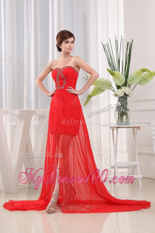 Red High-low Beading and Ruching Prom Dress with Sweetheart