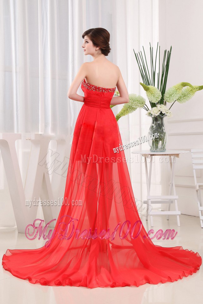 Red High-low Beading and Ruching Prom Dress with Sweetheart