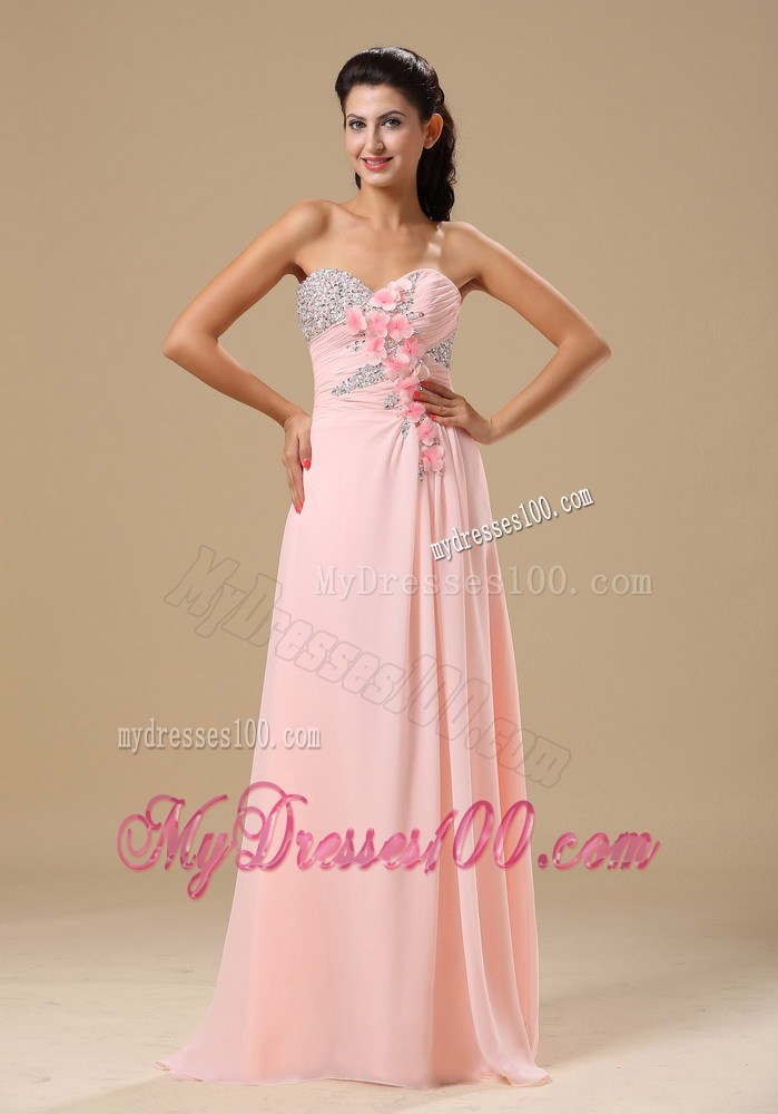 Beaded and Hand Made Flowers Decorate Bodice Pink Prom Dress