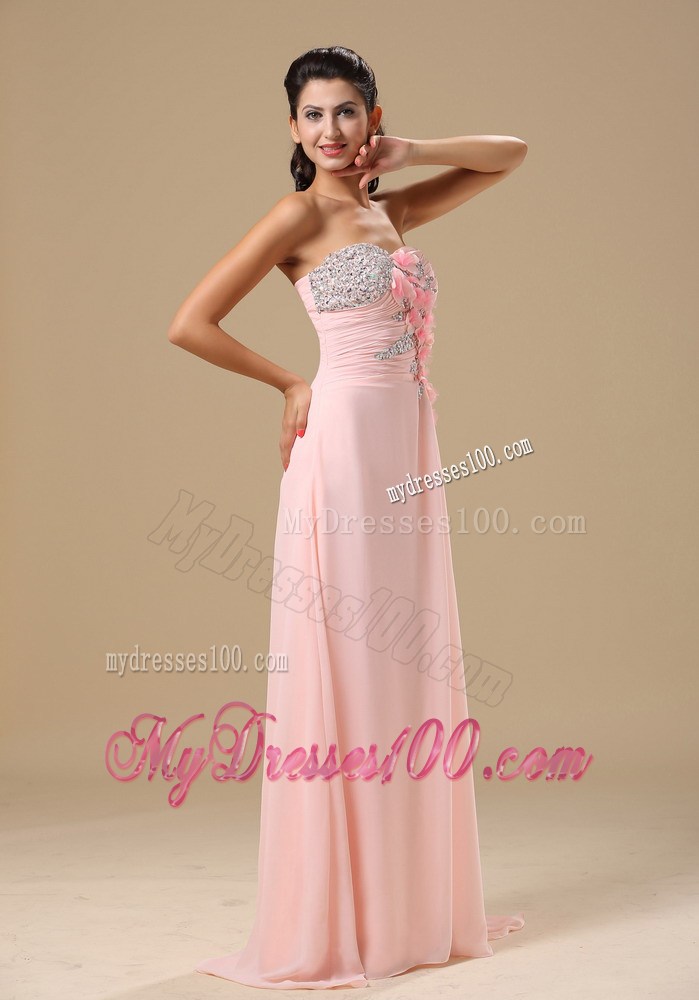 Beaded and Hand Made Flowers Decorate Bodice Pink Prom Dress