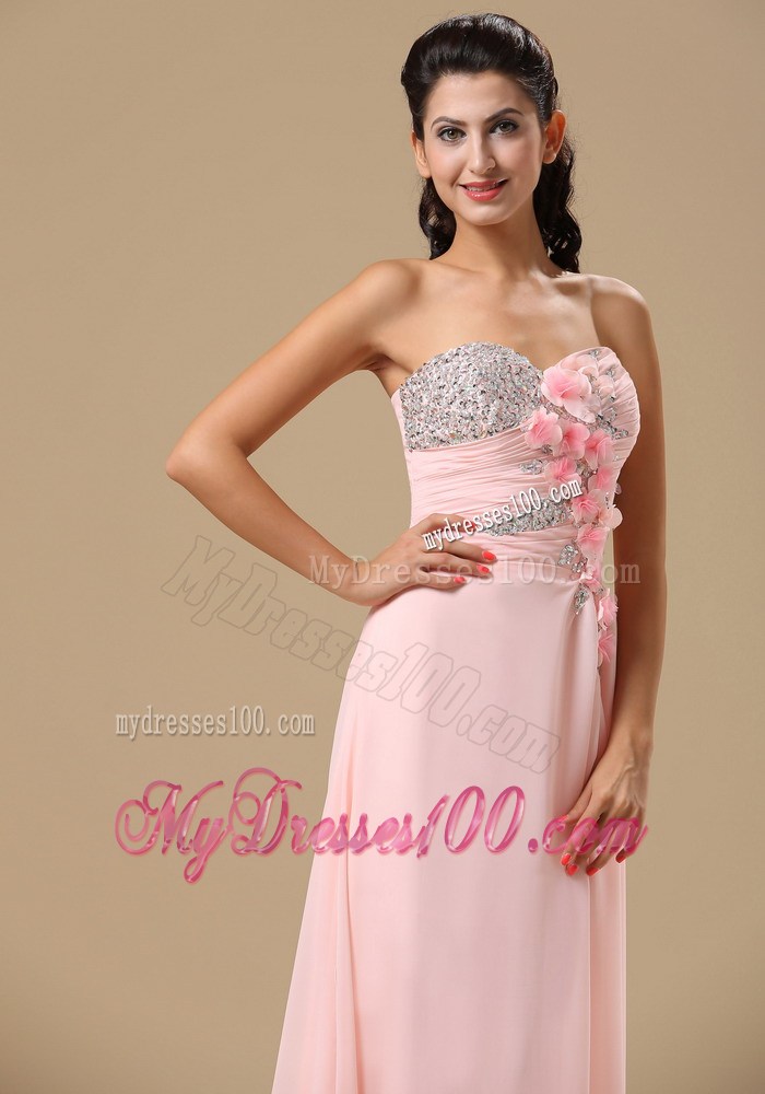 Beaded and Hand Made Flowers Decorate Bodice Pink Prom Dress