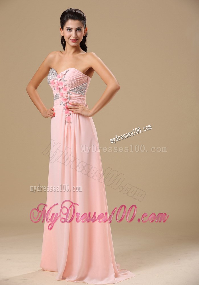 Beaded and Hand Made Flowers Decorate Bodice Pink Prom Dress