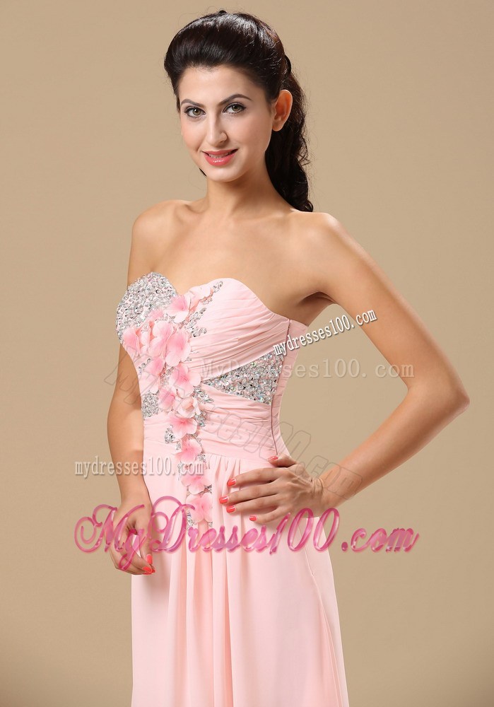 Beaded and Hand Made Flowers Decorate Bodice Pink Prom Dress