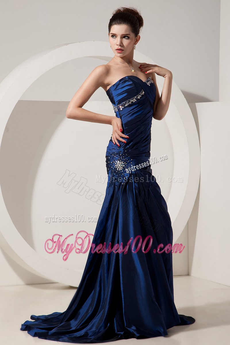Mermaid Navy Blue Sweetheart Beading Brush Train Prom Dress