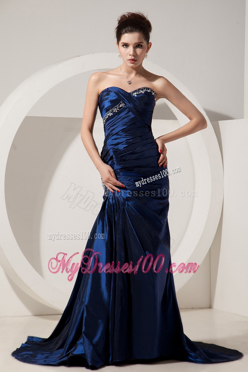 Mermaid Navy Blue Sweetheart Beading Brush Train Prom Dress