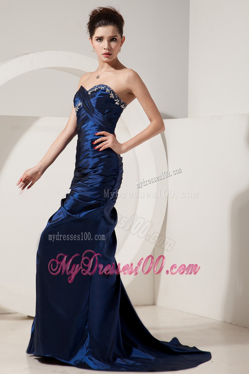 Mermaid Navy Blue Sweetheart Beading Brush Train Prom Dress