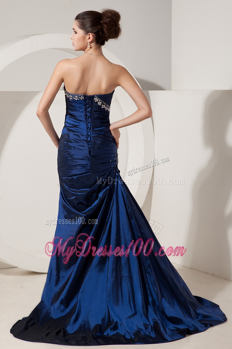 Mermaid Navy Blue Sweetheart Beading Brush Train Prom Dress
