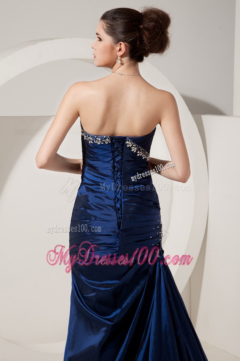Mermaid Navy Blue Sweetheart Beading Brush Train Prom Dress