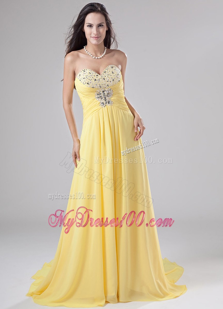 Yellow Sweetheart Beading Brush Sweep Prom Dress with Empire